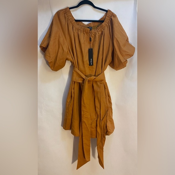 Beulah Style Nolan Camel Linen Mini Dress Lined Pockets Puff Sleeve Size Large - Picture 2 of 13
